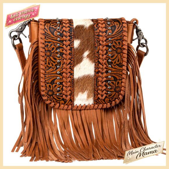 Handbags - Small Crossbody Bag with Fringe, Hair-On Cowhide, Adjustable Strap
